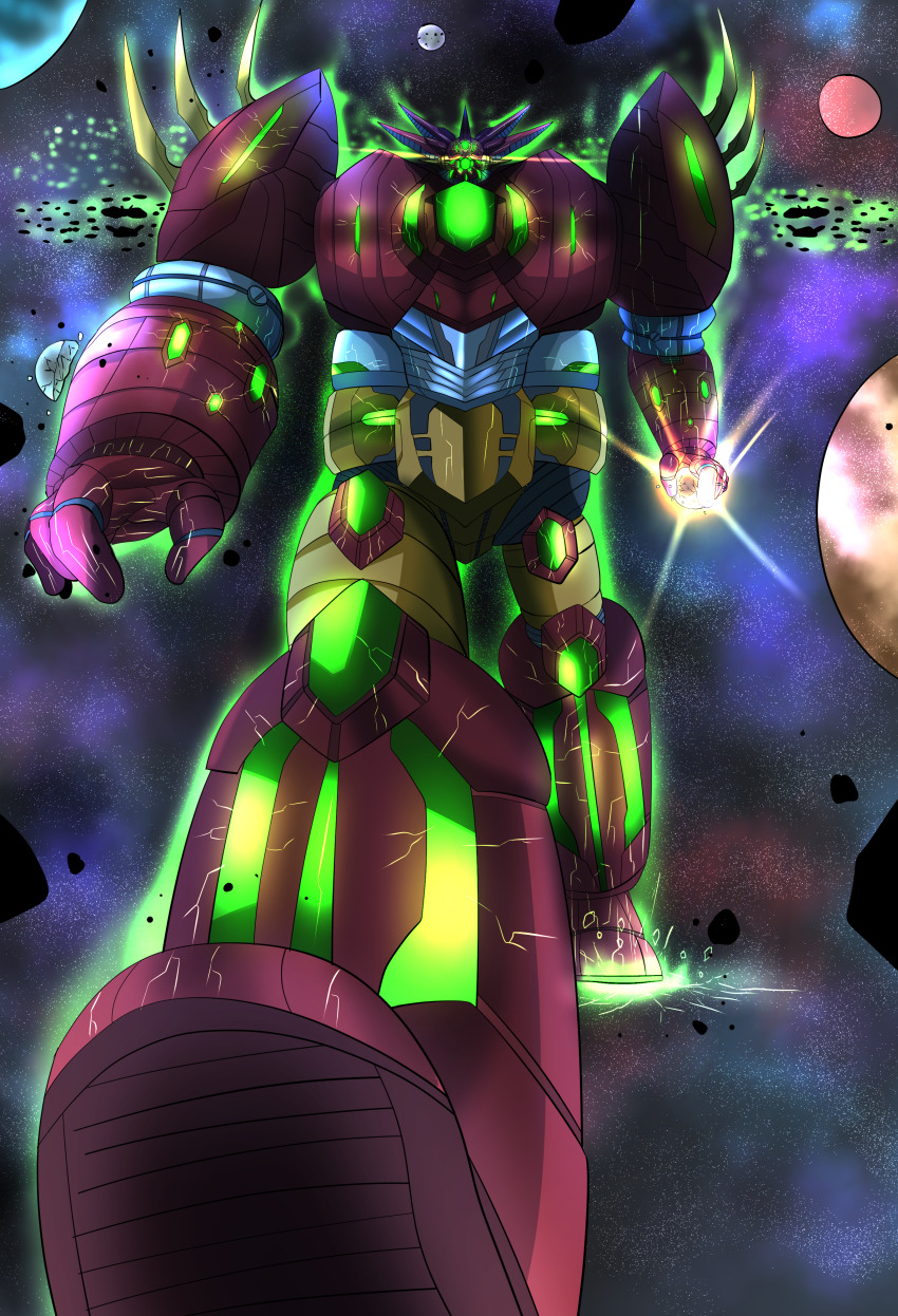 absurdres armor energy getter_emperor getter_rays getter_robo getter_robo_arc gfga7577 glowing glowing_eyes green_light highres horns looking_at_viewer mecha mecha_focus no_humans planet red_armor robot space super_robot yellow_eyes