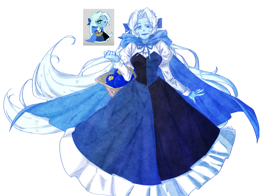 1boy asymmetrical_eyelashes blue_eyes blue_skin bow colored_skin cookie_run cookie_run:_kingdom crossdraw_holster disguise dress highres humanization long_hair long_sleeves looking_at_viewer pa_ng_hovkf9 shadow_milk_cookie shadow_milk_cookie_(female) simple_background smile solo white_hair