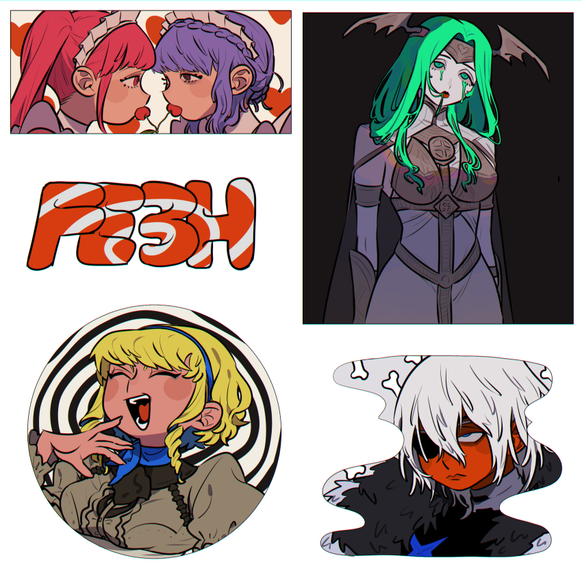 1boy 4girls absurdres bad_id bad_twitter_id bags_under_eyes blonde_hair blue_eyes blue_hairband bone brown_dress cape cherry circlet closed_mouth collage colored_skin colored_tears constance_von_nuvelle copyright_name crying crying_with_eyes_open dimitri_alexandre_blaiddyd dimitri_alexandre_blaiddyd_(timeskip) dress eye_contact eyepatch face-to-face fake_head_wings fire_emblem fire_emblem:_three_houses food fruit fur_collar green_eyes green_hair hair_between_eyes hair_in_own_mouth hairband hand_up head_tilt heart highres hilda_valentine_goneril laughing looking_at_another looking_up maid_headdress marianne_von_edmund mogero_(gerogero_ieki) multiple_girls nintendo ojou-sama_pose one_eye_covered orange_skin pink_hair puffy_short_sleeves puffy_sleeves purple_hair red_eyes red_lips ringlets robe seiros_(fire_emblem) shared_food short_hair short_sleeves sleeveless_robe tears twintails white_background white_cape white_hair white_robe winged_headwear