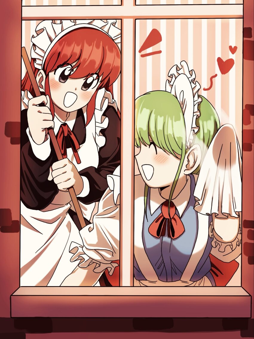 2girls :d ^_^ apron black_dress blue_dress blush broom brown_eyes cleaning cleaning_windows closed_eyes collared_dress commentary_request crossover dress from_outside green_hair heart highres holding holding_broom holding_cloth long_hair long_sleeves looking_at_another maid maid_headdress multiple_girls neck_ribbon notice_lines open_mouth puffy_long_sleeves puffy_short_sleeves puffy_sleeves red_hair red_ribbon ribbon ruukoto seihou short_sleeves smile spoken_heart touhou touhou_(pc-98) turtle-kun vivit white_apron window