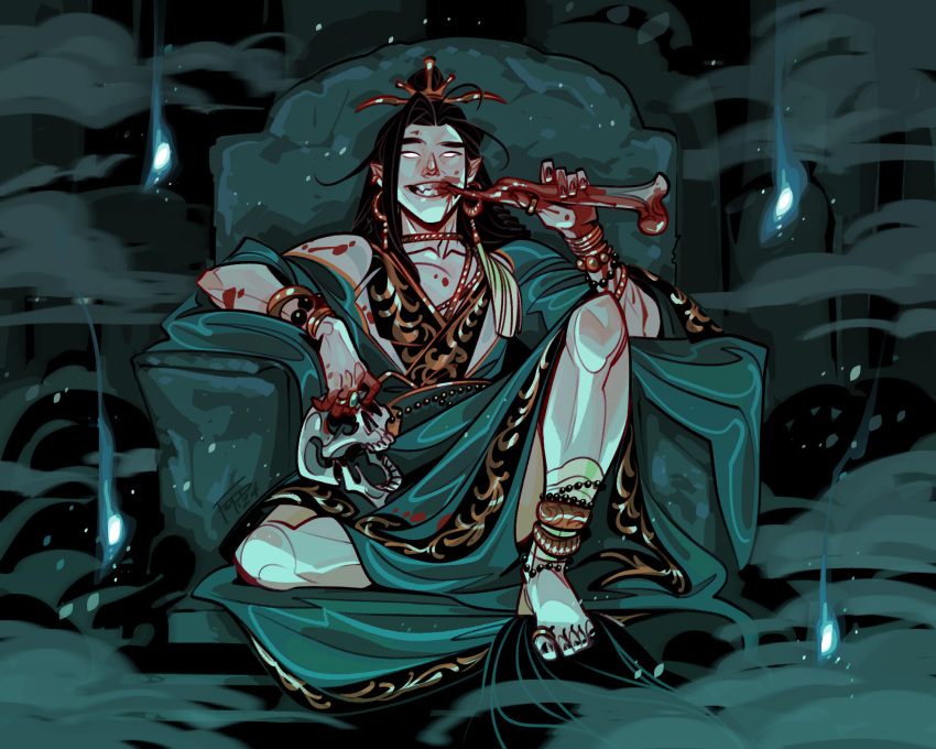 1boy anklet bangle barefoot black_hair black_nails black_trim blank_eyes blood blood_on_clothes blood_on_face blood_on_hands blood_on_mouth blood_on_teeth bone bracelet braid chair chinese_clothes collarbone dark earrings eating fire fmd fog gold_trim green_background green_fire green_hanfu green_light green_theme hair_ornament hanfu highres indoors jewelry knee_up leaning_back long_hair male_focus multiple_anklets multiple_bracelets multiple_rings necklace no_pupils qi_rong ring rock side_braid sitting skull solo tassel tassel_earrings teeth tianguan_cifu toe_ring topknot underground very_long_hair white_eyes xiao_guan_(headdress)