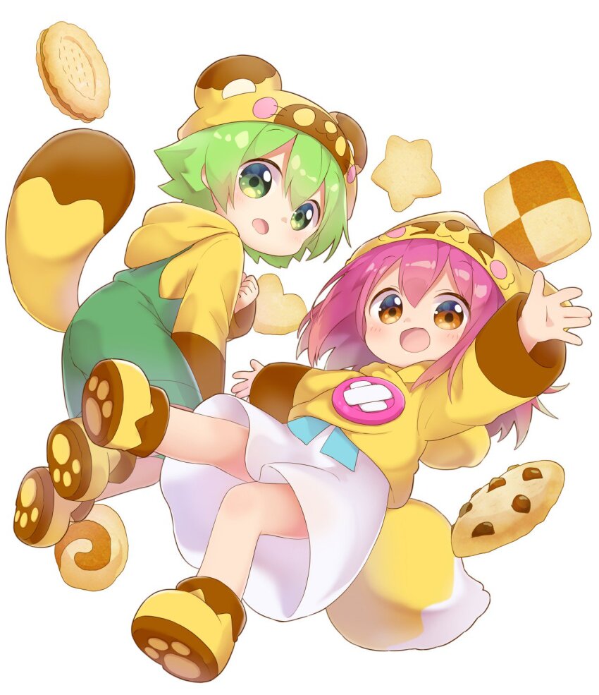 1boy 1girl :d :o ankle_boots boots botan-kun brown_eyes child commentary_request cookie food fox_hat fox_tail full_body green_eyes green_hair green_overalls hair_between_eyes hat highres hood hood_down hoodie long_sleeves looking_at_viewer medium_hair nipeira open_mouth original outstretched_arms overalls paw_print_soles pink_hair raccoon_hat raccoon_tail short_hair simple_background skirt smile spread_arms tail tareme white_background white_skirt yellow_boots yellow_hat yellow_hoodie yuzuwa-chan