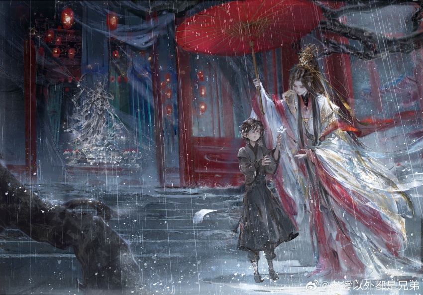 2boys absurdres bandage_on_face bandages black_eyes black_hair black_hanfu brown_hair child chinese_clothes chinese_commentary commentary_request crown flower full_body gold_trim hanfu hanging_lantern highres holding holding_flower holding_umbrella hua_cheng lantern long_hair long_sleeves looking_at_another male_focus multiple_boys official_art oil-paper_umbrella outdoors pale_skin paper_lantern parted_lips prince rain red_trim red_umbrella scene_reference scenery short_hair smile stairs standing statue temple tianguan_cifu umbrella white_flower white_hanfu wide_sleeves xiao_guan_(headdress) xie_lian