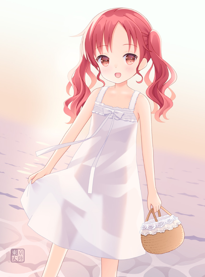 1girl :d bare_arms bare_shoulders basket blush bow brown_eyes child dress gochuumon_wa_usagi_desu_ka? highres holding holding_basket kurasawa_kyoushou long_hair looking_at_viewer natsu_megumi open_mouth outdoors parted_bangs red_eyes red_hair see-through_clothes see-through_silhouette skirt_hold sleeveless sleeveless_dress smile solo sundress twintails water white_bow white_dress