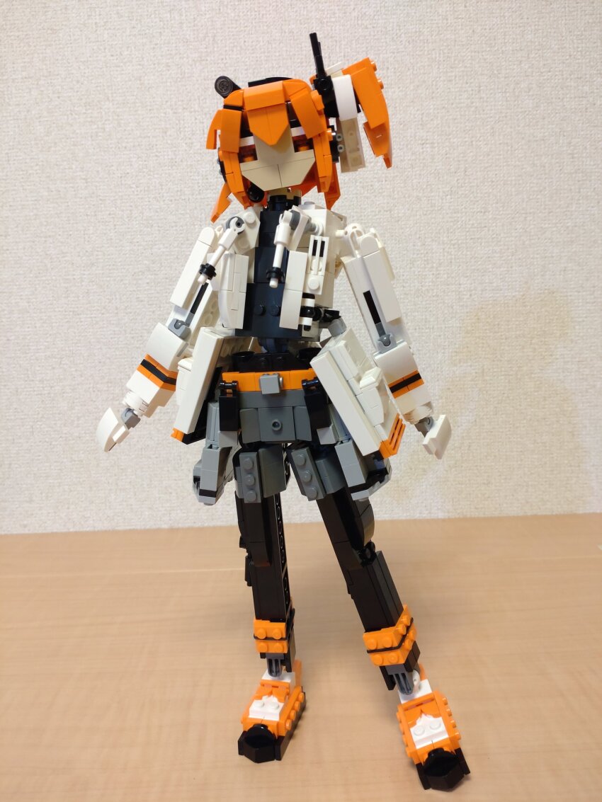 1girl a.i._voice adachi_rei belt belt_buckle black_leggings black_shirt buckle choroli_(chorolin) full_body gloves grey_shorts hair_ribbon headlamp highres jacket leggings lego_(medium) long_sleeves looking_at_viewer medium_hair one_side_up open_clothes open_jacket orange_belt orange_eyes orange_hair orange_shoes radio_antenna ribbon shirt shoes shorts solo standing unconventional_media utau white_gloves white_jacket white_ribbon