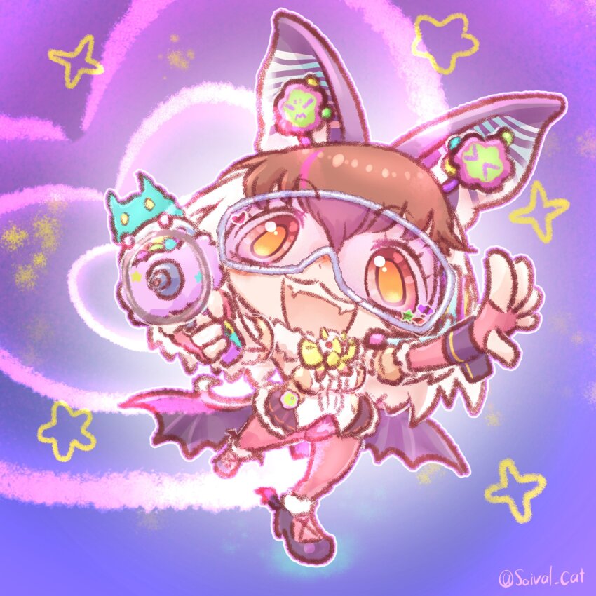 1girl animal_ears bat_ears bat_girl bat_wings brown_eyes brown_hair brown_long-eared_bat_(kemono_friends) elbow_gloves extra_ears fingerless_gloves gloves goggles grey_hair gun hair_ornament heart highres kemono_friends kemono_friends_v_project leotard lifelikealive long_hair looking_at_viewer microphone multicolored_hair pantyhose purple_background saival_cat shoes simple_background skirt solo streaked_hair virtual_youtuber weapon wings