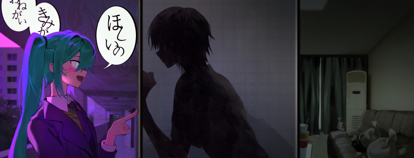 1girl 1other absurdres against_door aqua_hair collared_shirt couch hallucination hatsune_miku highres jacket long_hair messy_room monitoring_(vocaloid) necktie open_mouth purple_jacket purple_necktie samsap school_uniform shirt short_sleeves smile speech_bubble trash_bag twintails very_long_hair vocaloid white_shirt