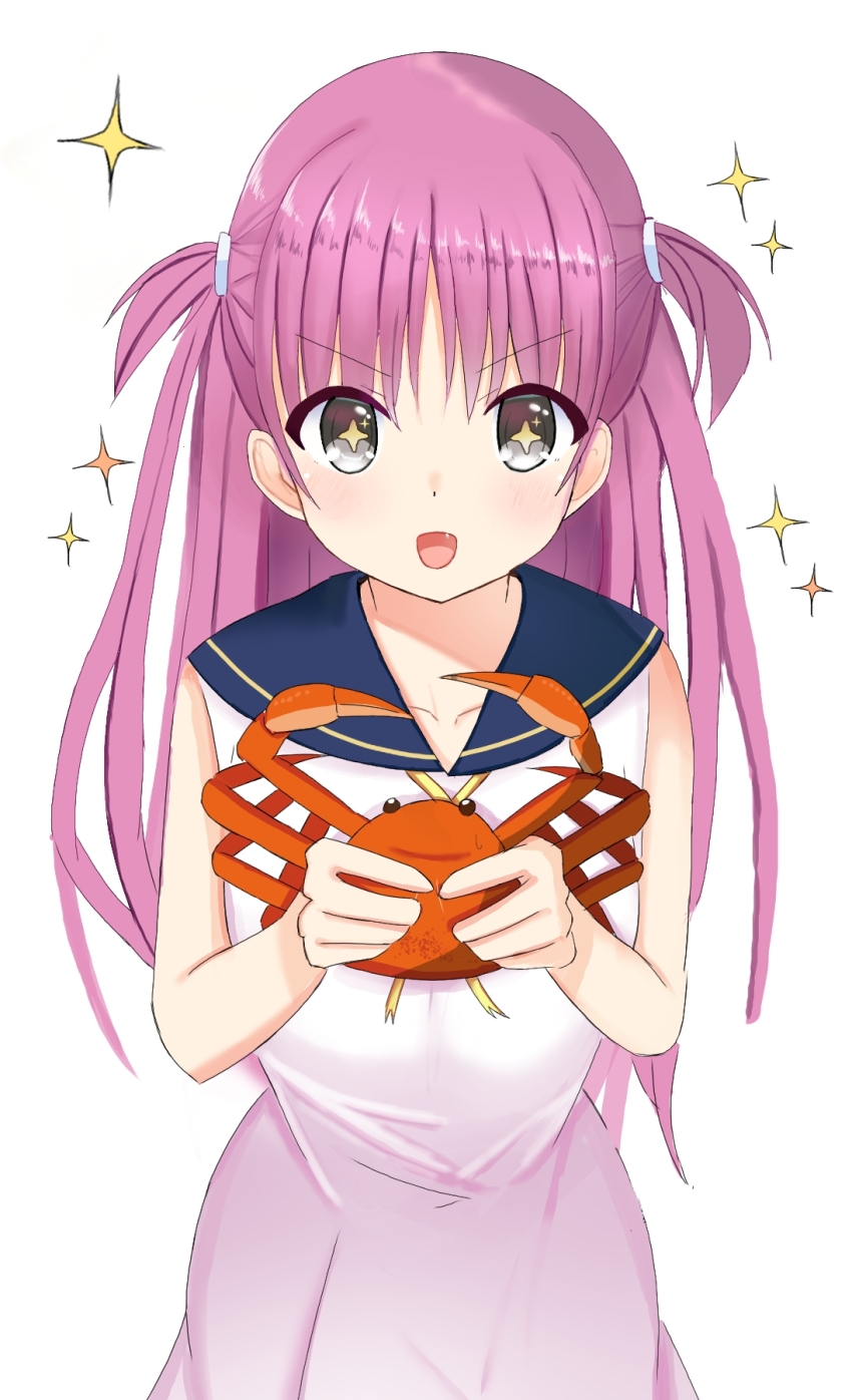 +_+ 1girl :d animal bare_arms blue_sailor_collar blush commentary_request cowboy_shot crab dress excited eyes_visible_through_hair fang grey_eyes hair_between_eyes hands_up highres holding holding_animal katou_umi long_hair nutsu8935290986 open_mouth pink_hair ribbon sailor_collar sailor_dress simple_background sleeveless sleeveless_dress smile solo sparkle straight-on summer_pockets tareme two_side_up v-shaped_eyebrows white_background white_dress yellow_ribbon