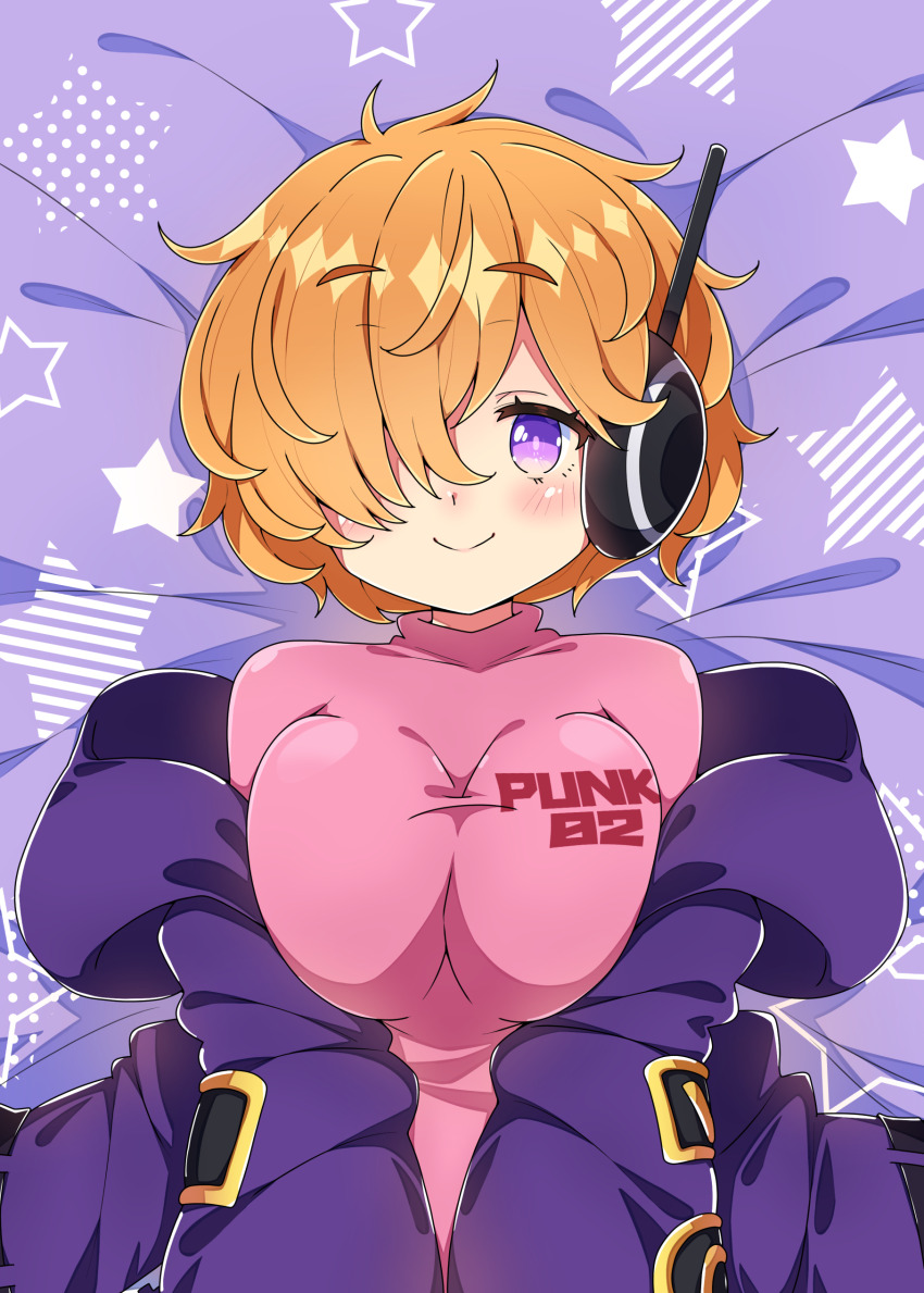 1girl absurdres blush bodysuit breasts closed_mouth commentary_request hair_over_one_eye highres jacket large_breasts looking_at_viewer lying milkpanda on_back one_piece open_clothes open_jacket orange_hair pink_bodysuit purple_eyes purple_jacket short_hair smile solo star_(symbol) thick_eyebrows upper_body vegapunk_lilith