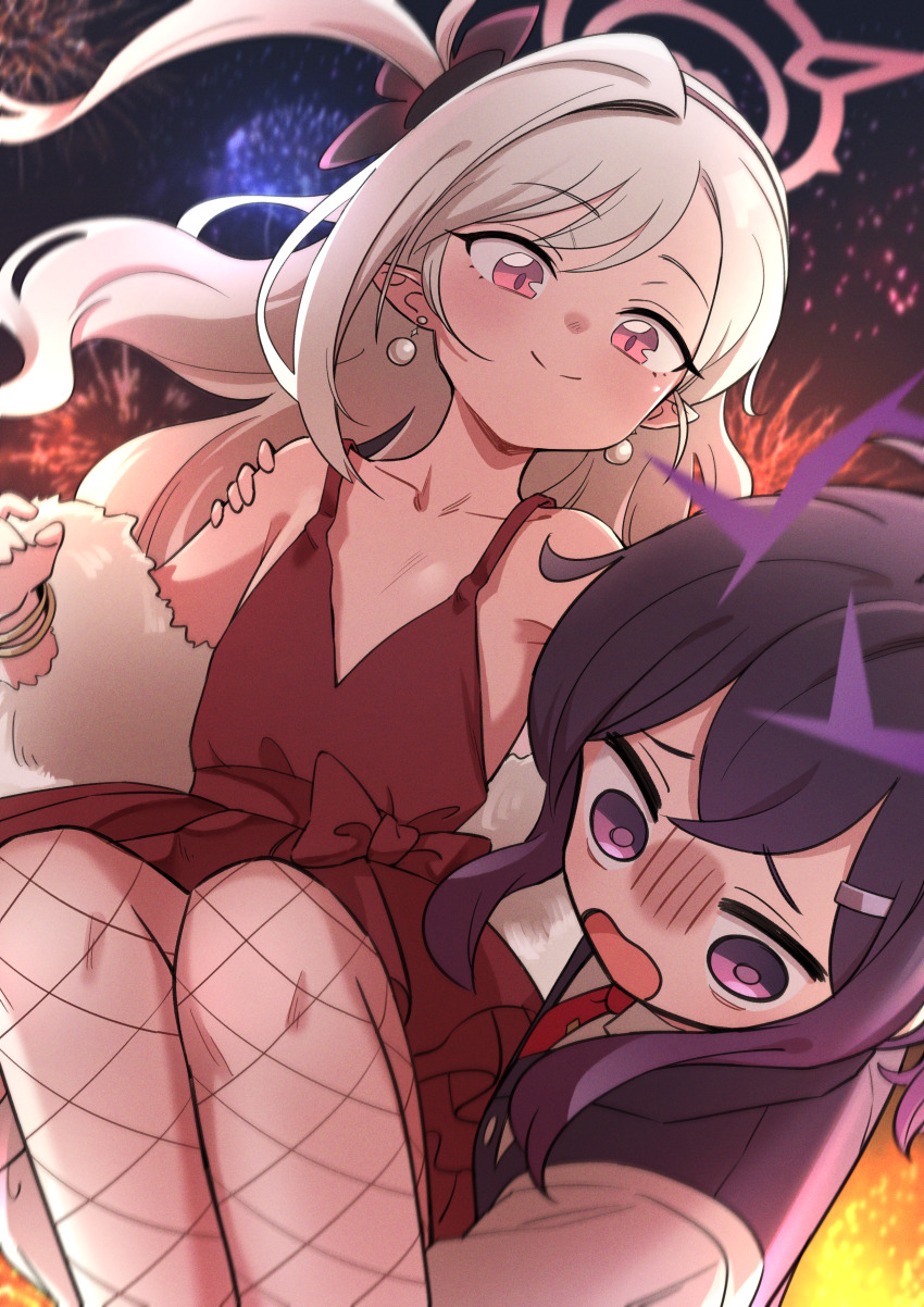 2girls absurdres blue_archive blush closed_mouth dress earrings fishnet_pantyhose fishnets golmonggu grey_hair halo haruka_(blue_archive) haruka_(suit)_(blue_archive) highres jewelry long_hair medium_hair multiple_girls mutsuki_(blue_archive) mutsuki_(dress)_(blue_archive) official_alternate_costume one_side_up open_mouth pantyhose pink_eyes pointy_ears purple_eyes purple_hair purple_halo red_dress red_halo sleeveless sleeveless_dress smile