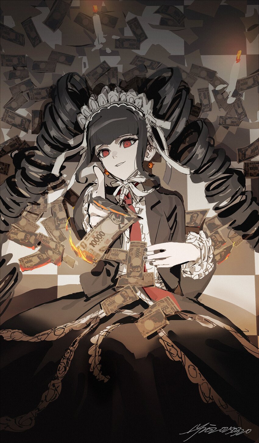 1girl absurdres banknote black_hair black_jacket black_nails black_skirt blazer burning candle celestia_ludenberg center_frills checkered_floor collared_shirt danganronpa:_trigger_happy_havoc danganronpa_(series) drill_hair earrings fire frilled_sleeves frills gothic_lolita hair_ribbon hairband highres hua_ze_you jacket jewelry lolita_fashion lolita_hairband long_hair long_sleeves money monokuma necktie on_floor outstretched_arm pale_skin parted_lips red_eyes red_necktie ribbon shirt sidelocks signature skirt solo twin_drills very_long_hair white_ribbon white_shirt