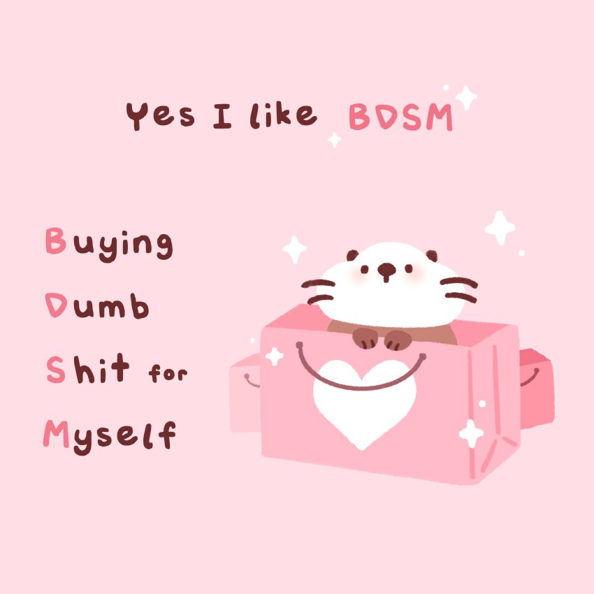:o absurdres animal_focus bag black_eyes commentary english_commentary english_text highres in_bag in_container jeanadraws light_blush looking_at_viewer no_humans open_mouth original otter pink_background pink_theme profanity shopping_bag simple_background solid_circle_eyes sparkle whiskers