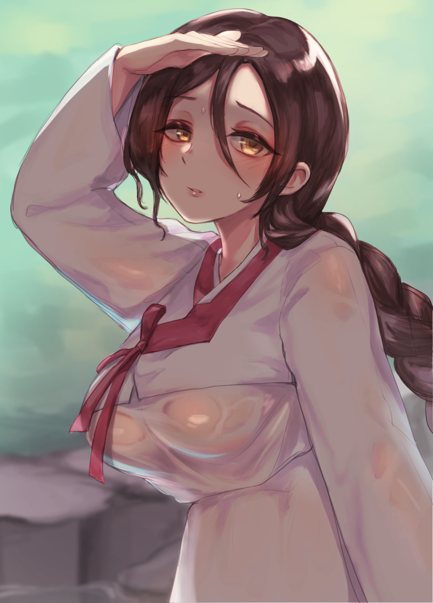 1girl black_hair blurry blush braid braided_ponytail breasts chamame covered_erect_nipples depth_of_field dress hair_between_eyes half-closed_eyes hanbok hand_up highres jeogori_(clothes) keumran_(last_origin) korean_clothes last_origin long_sleeves looking_at_viewer medium_breasts see-through_clothes see-through_dress shaded_face skin_tight solo stone sweatdrop upper_body wet wet_clothes