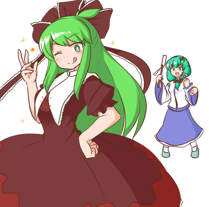 2girls :d ;q ahoge aqua_shoes blue_skirt bow bright_pupils brown_bow brown_dress brown_ribbon closed_mouth cosplay costume_switch detached_sleeves dress frilled_ribbon frills frog_hair_ornament front_ponytail gohei green_eyes green_hair hair_bow hair_ornament hair_ribbon hand_on_own_hip holding kagiyama_hina kagiyama_hina_(cosplay) kochiya_sanae kochiya_sanae_(cosplay) looking_at_another looking_at_viewer mizusoba multiple_girls nontraditional_miko one_eye_closed open_mouth ribbon shirt shoes simple_background skirt smile snake_hair_ornament standing star_(symbol) tongue tongue_out touhou white_background white_pupils white_shirt wide_sleeves
