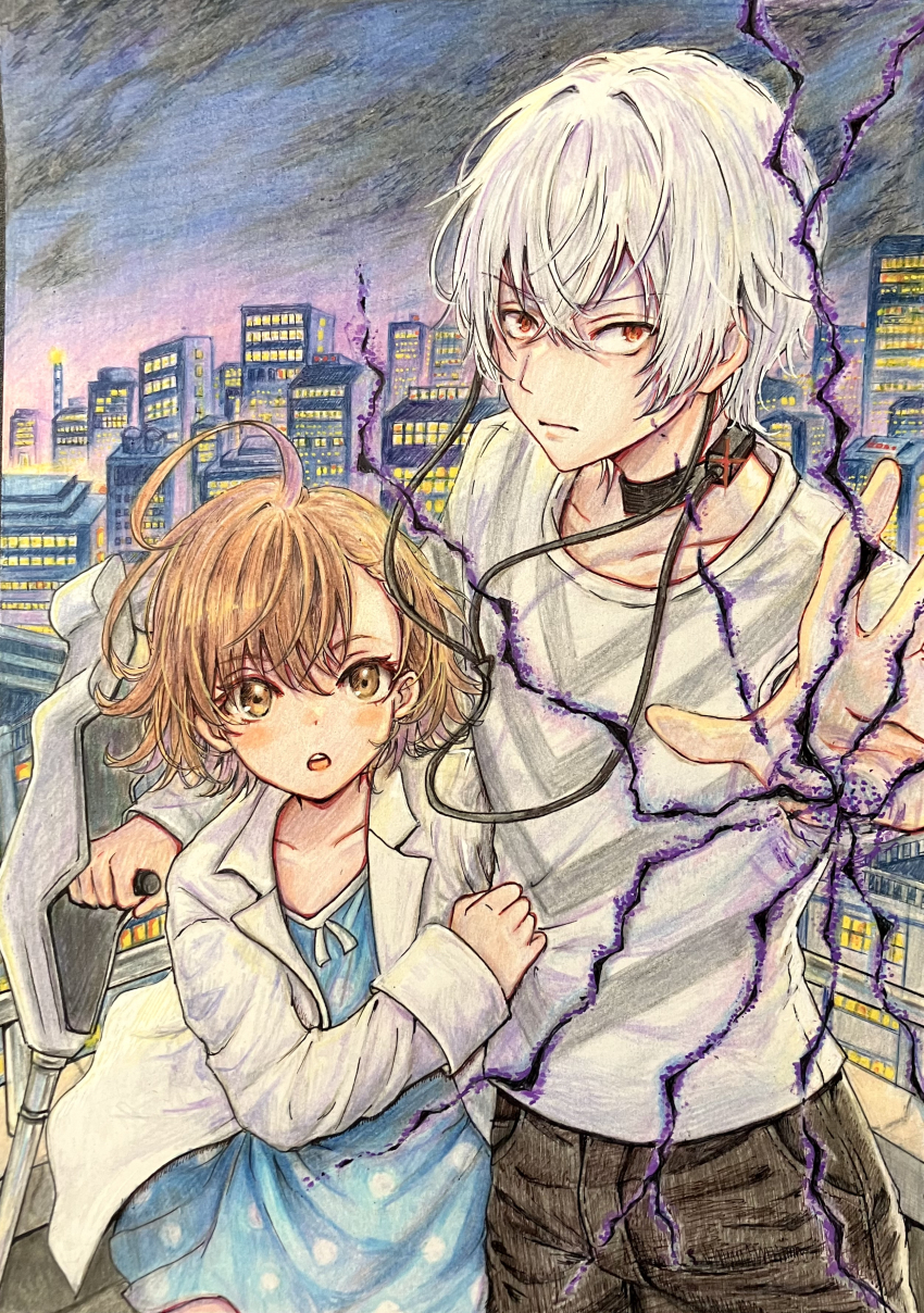 1boy 1girl absurdres academy_city accelerator_(toaru_majutsu_no_index) ahoge aiming aiming_at_viewer brown_eyes brown_hair child choker cityscape coat collared_coat colored_pencil_(medium) commentary_request crutch diagonal-striped_shirt dress electrodes grey_hair highres last_order_(toaru_majutsu_no_index) looking_at_viewer outdoors polka_dot polka_dot_dress red_eyes shirt shirt_tug short_hair striped_clothes striped_shirt toaru_majutsu_no_index tofumental1024 traditional_media white_coat white_shirt