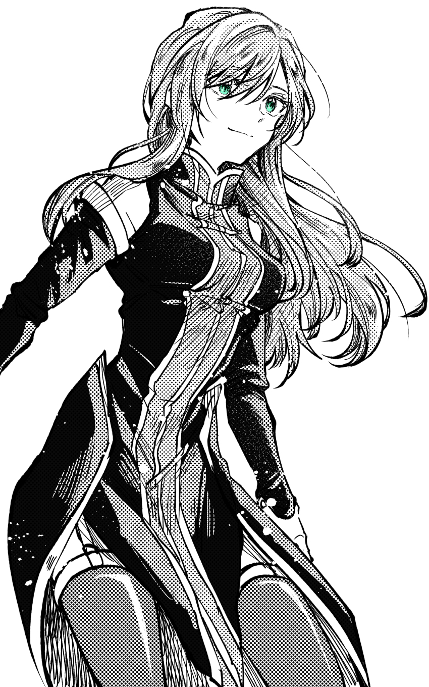 1girl absurdres blue_eyes breasts cowboy_shot detached_sleeves dress garter_straps greyscale high_collar highres kudou_makoto large_breasts long_hair monochrome partially_colored sleeveless sleeveless_dress solo tales_of_(series) tales_of_the_abyss tear_grants thighhighs white_background