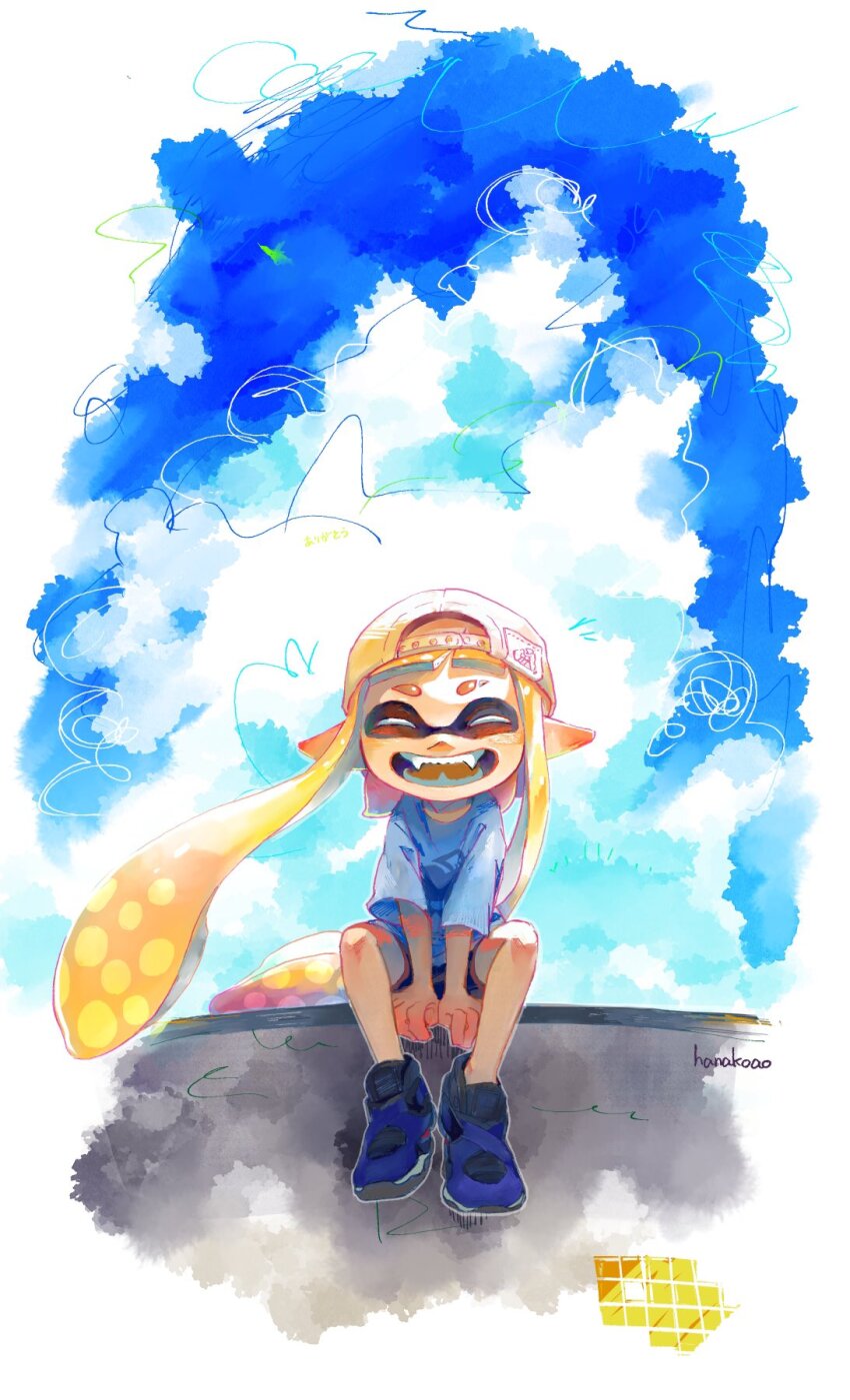 1girl artist_name backwards_hat baseball_cap black_shorts blonde_hair blue_shirt closed_eyes colored_tongue eyebrow_cut facing_viewer fangs floating_hair full_body hanako515_ika hat high_tops highres inkling inkling_girl inkling_player_character long_hair nintendo open_mouth pointy_ears purple_shoes shirt shoes shorts sitting smile sneakers solo splatoon_(series) t-shirt tentacle_hair very_long_hair white_hat yellow_tongue