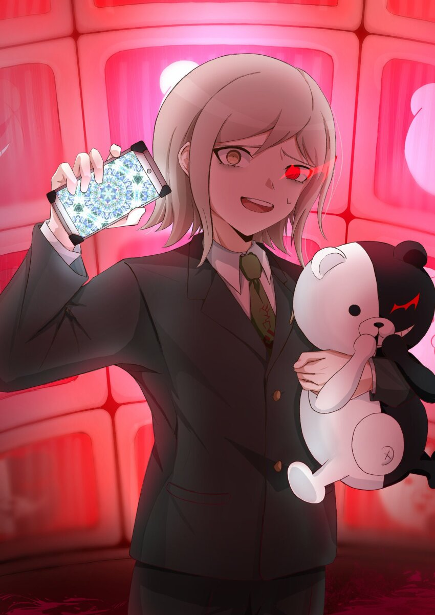 1boy :d black_jacket black_pants brown_eyes brown_necktie collared_shirt cowboy_shot danganronpa_(series) danganronpa_3_(anime) formal_clothes heterochromia highres holding holding_phone jacket kuyuko_o6o6 long_sleeves looking_at_viewer male_focus mitarai_ryota necktie open_mouth pants phone red_eyes red_theme shirt smile solo stuffed_animal stuffed_toy sweatdrop teddy_bear teeth television upper_teeth_only