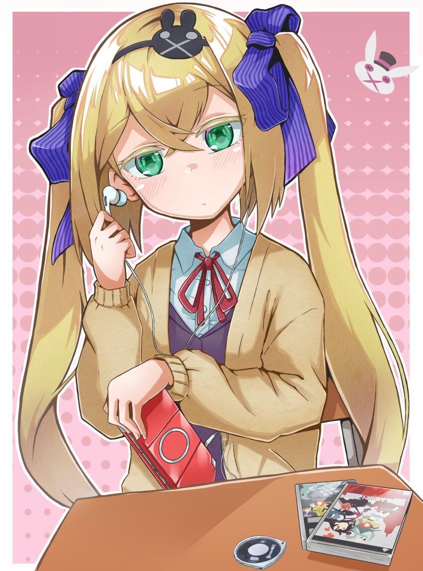 1girl 7th_dragon_(series) 7th_dragon_2020 7th_dragon_2020-ii alternate_costume animal_print black_hairband blonde_hair blush border bow brown_jacket chair chelsea_(7th_dragon) closed_mouth collared_shirt commentary_request desk earphones green_eyes hacker_(7th_dragon) hair_between_eyes hairband halftone halftone_background handheld_game_console head_tilt highres jacket long_hair looking_at_viewer outside_border pink_background playstation_portable purple_bow rabbit_print red_ribbon ribbon school_chair school_desk shirt single_earphone_removed sitting solo striped_bow teddyfredy26 twintails umd upper_body white_border white_shirt