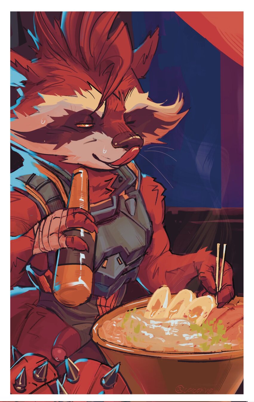 1boy animal_ears artist_name bottle chopsticks commentary concosive english_commentary food furry furry_male guardians_of_the_galaxy half-closed_eye highres holding holding_bottle holding_chopsticks licking_lips male_focus marvel marvel_cinematic_universe marvel_rivals noodles one_eye_closed penis penis_peek precum raccoon_boy raccoon_ears ramen rocket_raccoon steam sweat tongue tongue_out whiskers