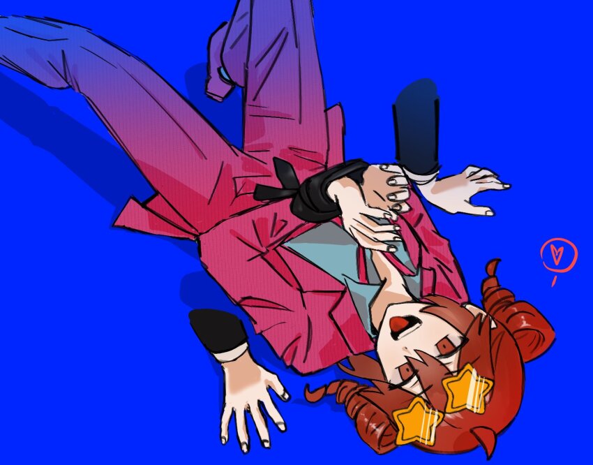 1girl ahoge blue_background blue_shirt bound bound_wrists collared_shirt commentary disembodied_hand drill_hair english_commentary eyewear_on_head foot_out_of_frame formal_clothes hands_up heart highres jacket kasane_teto lapels liar_dancer_(synthesizer_v) long_sleeves looking_at_viewer loose_necktie lying necktie on_back open_mouth pants pink_jacket pink_necktie pink_pants pink_suit red_eyes red_hair rskrkr shirt short_hair simple_background smile solo_focus spoken_heart star-shaped_eyewear star_(symbol) suit sunglasses tongue tongue_out twin_drills unbuttoned unbuttoned_shirt yukadon