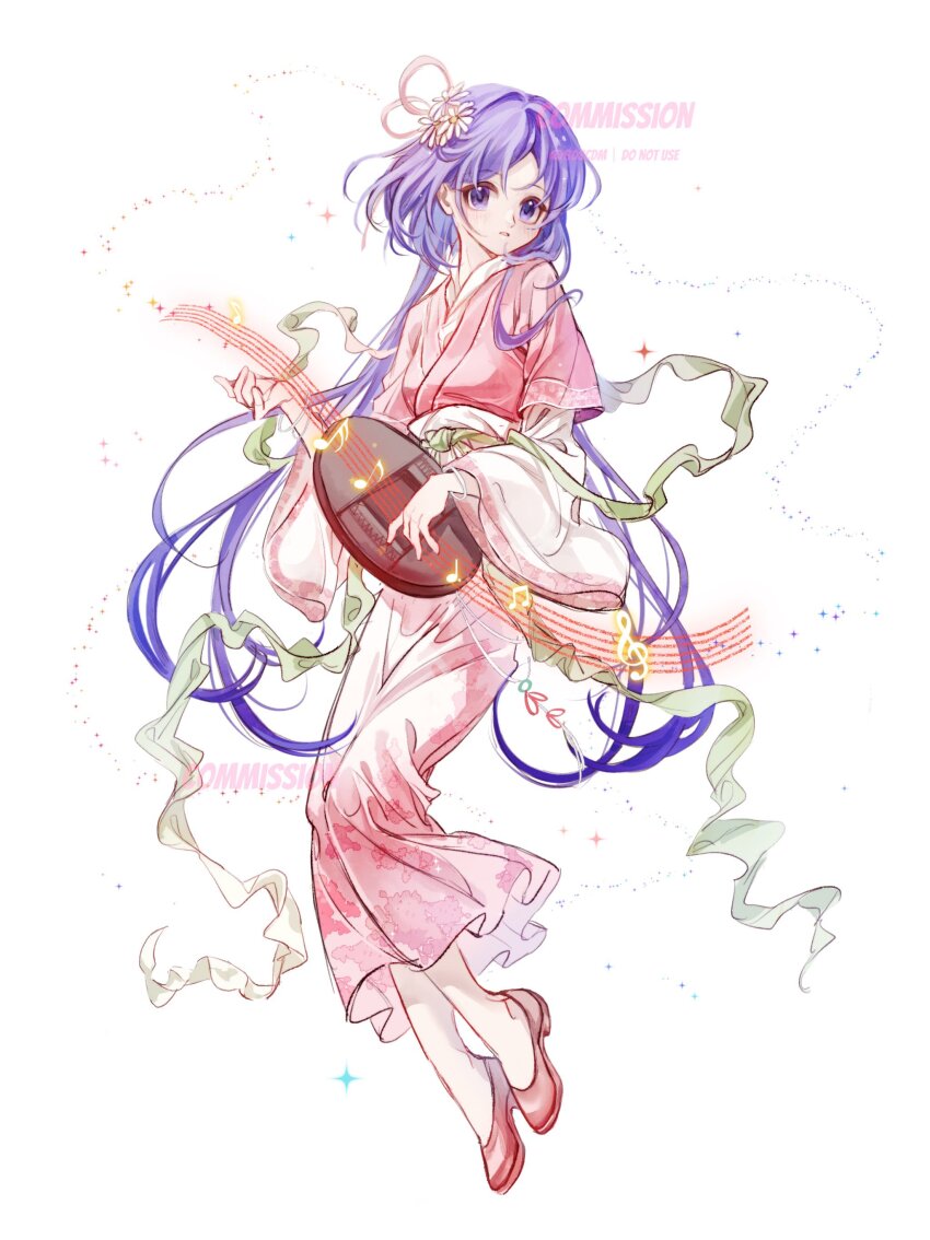1girl 80isiiii absurdres alternate_costume beamed_eighth_notes chinese_clothes commentary eighth_note floral_print flower full_body hair_flower hair_ornament hanfu highres instrument long_hair long_sleeves looking_at_viewer low_twintails lute_(instrument) music musical_note musical_staff pink_hanfu pink_shoes playing_instrument purple_eyes purple_hair quarter_note shoes sixteenth_note solo touhou treble_clef tsukumo_benben twintails very_long_hair watermark white_background wide_sleeves