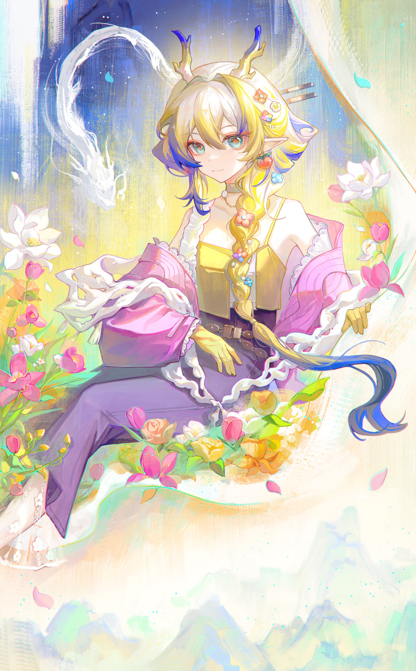 1girl absurdres aqua_eyes arknights bare_shoulders blonde_hair blue_eyes blue_hair braid charcy-tea closed_mouth colored_extremities dragon eastern_dragon eastern_dragon_horns flower full_body gloves green_eyes hair_between_eyes hair_flower hair_ornament highres jacket long_hair long_sleeves looking_at_viewer multicolored_hair off_shoulder orange_pupils pants petals pointy_ears shu_(arknights) shu_(spring_feast)_(arknights) sitting smile solo streaked_hair white_flower white_hair