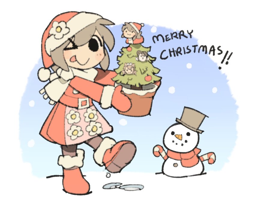 &gt;_o 1girl blush blush_stickers brown_hair candy candy_cane carrot christmas christmas_ornaments christmas_tree commentary english_commentary english_text floral_print flower flower_pot food full_body hat highres holding holding_flower_pot mittens one_eye_closed original plant potted_plant red_footwear red_hat red_mittens red_scarf santa_hat scarf short_hair smile snow snowing snowman solo standing temmie temmie_chang temmie_chang_(character) tongue tongue_out top_hat tree undertale white_flower white_scarf