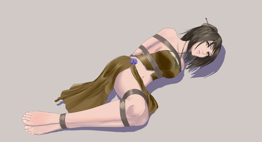 1girl absurdres bare_arms bare_legs bare_shoulders barefoot bdsm bondage bound brown_hair feet female_focus final_fantasy final_fantasy_xiii flower_ornament highres knees lebreau looking_at_viewer open_mouth rainnear rope simple_background solo toes yellow_eyes
