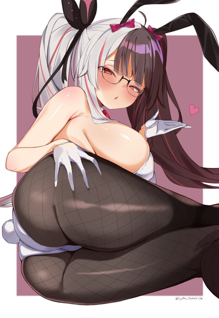 1girl absurdres animal_ears ass black_pantyhose blush bow breasts bright_pupils brown_hair choco_tanuki fake_animal_ears fake_tail fishnet_pantyhose fishnets glasses gloves grey_hair hair_bow half-closed_eyes half_gloves heart highres large_breasts leotard lips long_hair looking_at_viewer looking_back lying multicolored_hair nijisanji on_side pantyhose playboy_bunny rabbit_ears rabbit_tail red_bow red_eyes red_hair split-color_hair streaked_hair tail twintails two-tone_hair virtual_youtuber white_gloves white_leotard yorumi_rena