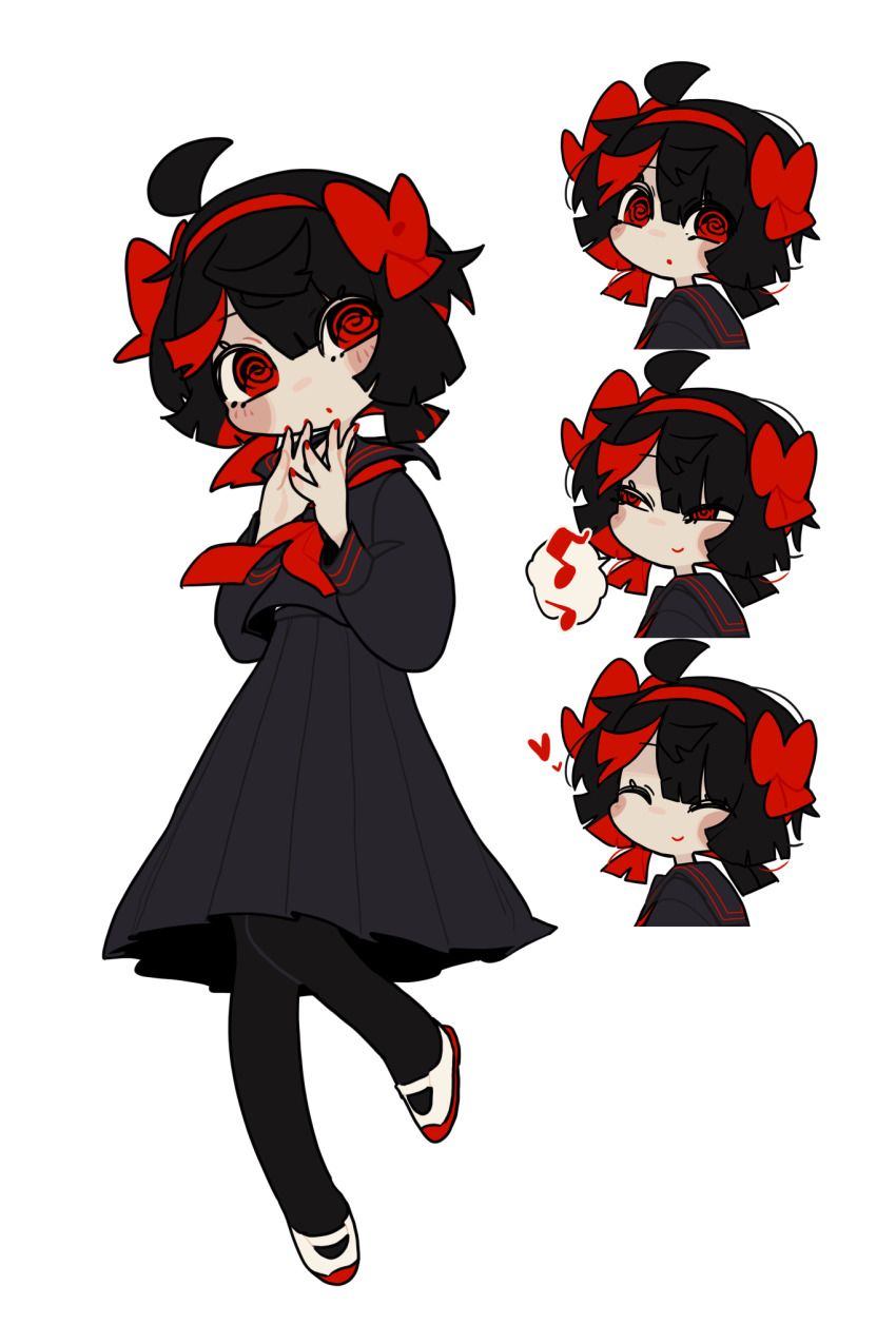 1girl @_@ ^_^ ahoge black_hair black_pantyhose black_serafuku black_shirt black_skirt blush_stickers bow closed_eyes closed_mouth commentary_request hair_bow hairband heart highres leg_up low_twintails mochihamo_chiya multicolored_hair multiple_expressions multiple_views musical_note neckerchief original pantyhose parted_lips red_bow red_eyes red_hair red_hairband red_nails red_neckerchief school_uniform serafuku shirt shoes short_hair short_twintails simple_background skirt smile speech_bubble spoken_musical_note twintails two-tone_hair uwabaki white_background white_shoes