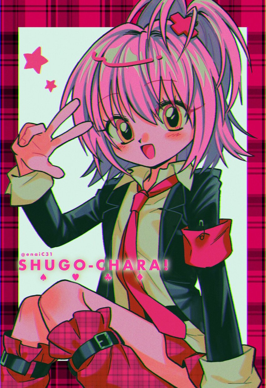 armband highres hinamori_amu leg_warmers light_blush menma_(enaic31) necktie open_mouth pink_armband pink_hair pink_necktie plaid_clothes plaid_leg_warmers plaid_legwear shugo_chara! smile v wispy_bangs