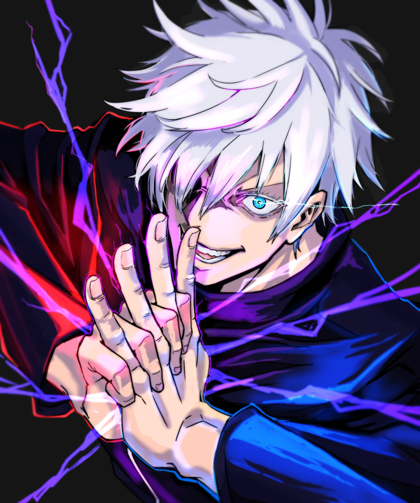 1boy black_background black_shirt blue_eyes colored_eyelashes commentary_request evil_smile eye_trail fingernails from_above gojou_satoru hair_over_one_eye highres jujutsu_kaisen light_trail lightning long_sleeves male_focus no_eyepatch open_mouth own_hands_together purple_lightning red_lightning shirt short_hair smile solo take_nii teeth tongue upper_body v-shaped_eyebrows white_hair