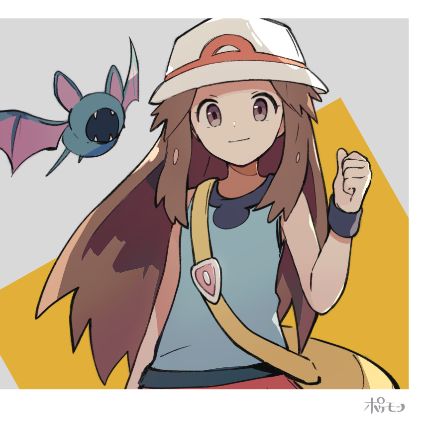 1girl bag blue_shirt brown_eyes brown_hair bucket_hat clenched_hand closed_mouth commentary eyelashes gen_1_pokemon hair_flaps hand_up hat highres leaf_(pokemon) long_hair looking_at_viewer messenger_bag nintendo pokemon pokemon_(creature) pokemon_frlg red_skirt shirt shoulder_bag skirt sleeveless sleeveless_shirt symbol-only_commentary toukashi_(2tou9) vs_seeker white_headwear wristband yellow_bag zubat