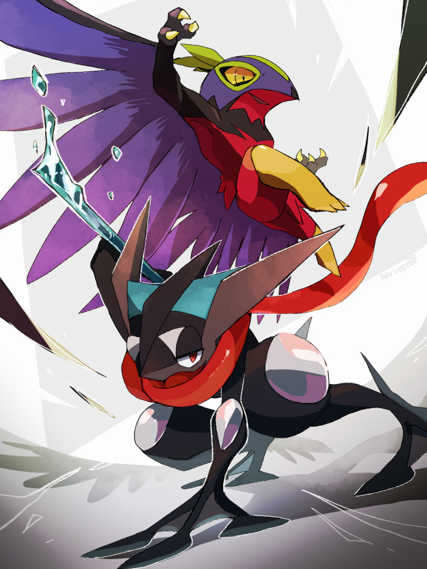 alternate_color claws colored_sclera gen_6_pokemon greninja harvest88 hawlucha highres nintendo open_mouth pokemon pokemon_(creature) red_eyes shiny_pokemon tongue tongue_out wings yellow_eyes yellow_sclera
