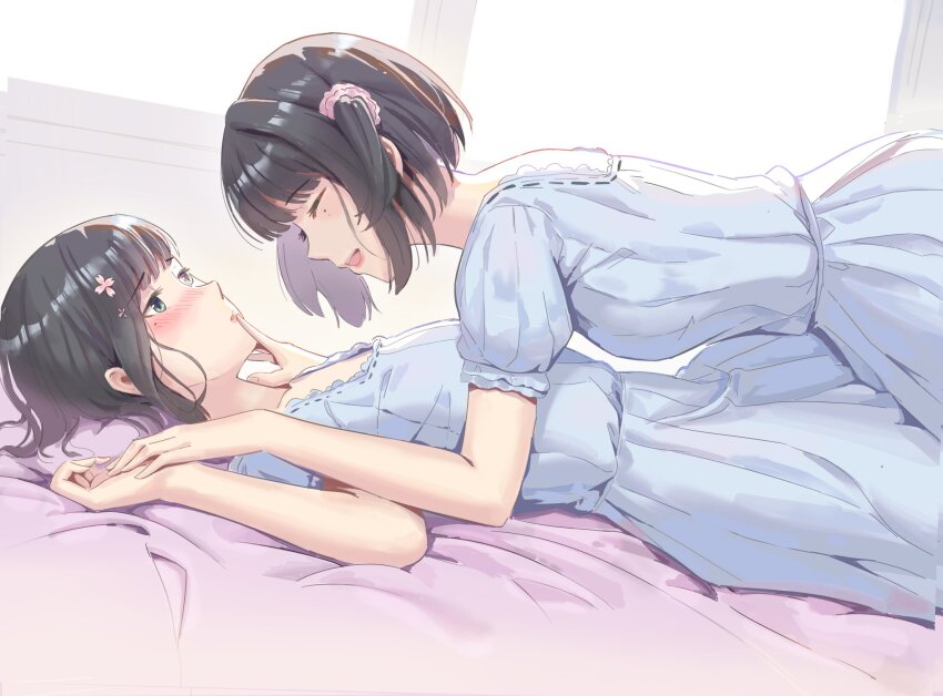 2girls :d bed_sheet blue_nightgown closed_eyes commentary finger_to_another&#039;s_mouth flower flowers_(innocent_grey) from_side girl_on_top green_eyes green_hair hair_flower hair_ornament hair_scrunchie hair_spread_out highres holding_hands incest kafkasea lying mole mole_under_eye multiple_girls multiple_moles nightgown on_back one_side_up open_mouth parted_lips pink_scrunchie profile puffy_short_sleeves puffy_sleeves ribbon_trim sasaki_ichigo sasaki_ringo scrunchie short_hair short_sleeves siblings sisters smile teeth twincest twins upper_teeth_only window yuri