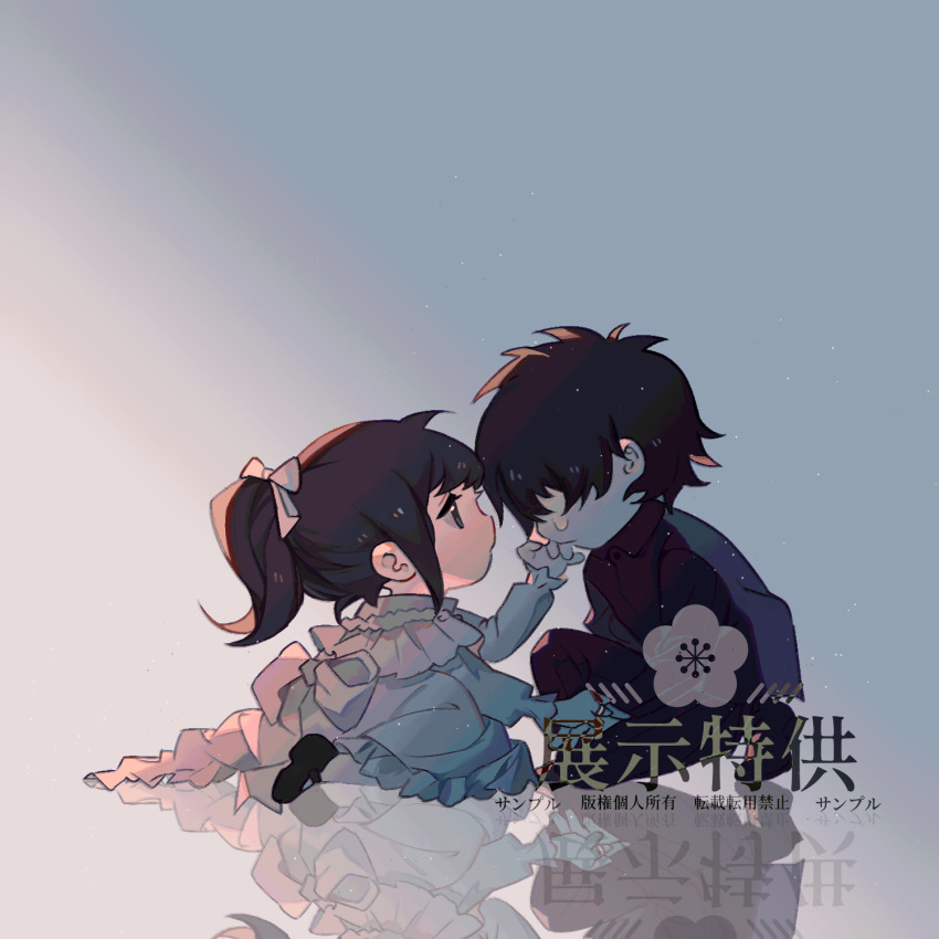 1boy 1girl back_bow black_eyes black_hair black_shoes bow character_request chibi chibi_only chinese_commentary chuanhua commentary_request copyright_request dress hair_bow highres light_particles long_sleeves mary_janes on_one_knee pants pantyhose ponytail red_pants red_shirt shirt shoes short_hair sitting white_bow white_dress white_pantyhose