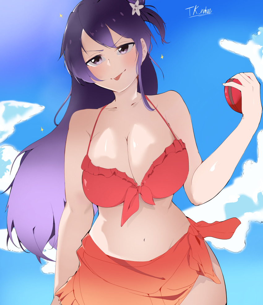 1girl absurdres bambietta_basterbine bare_shoulders bikini bleach bleach:_brave_souls bleach:_sennen_kessen-hen breasts cloud collarbone female_focus hair_ornament highres large_breasts long_hair navel official_alternate_costume purple_hair quincy_(bleach) shiny_skin sky sternritter swimsuit tk.nahee tongue tongue_out