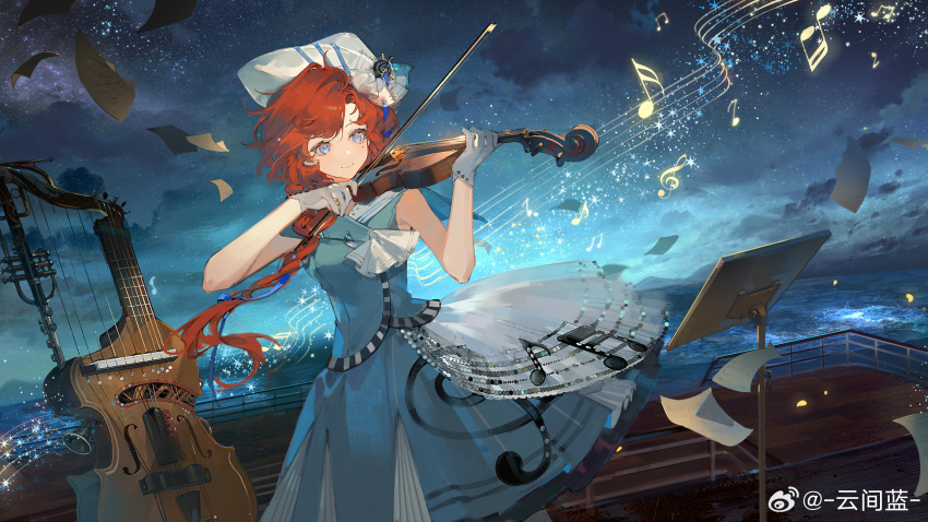 1girl barcarola_(reverse:1999) beamed_sixteenth_notes blue_eyes blue_shirt blue_skirt blue_sky bow_(music) braid closed_mouth cloud cloudy_sky cowboy_shot dixie_cup_hat dutch_angle eighth_note floating_hair flying_paper gloves hair_over_shoulder hands_up hat highres holding holding_bow_(music) holding_instrument holding_violin instrument long_braid long_hair looking_down medium_skirt military_hat mole mole_under_eye music music_stand musical_note musical_note_print musical_staff night night_sky ocean outdoors paper playing_instrument print_skirt railing red_hair reverse:1999 sailor_collar sheet_music shirt sixteenth_note skirt sky sleeveless sleeveless_shirt smile solo sparkle treble_clef twin_braids violin watermark weibo_watermark white_gloves white_hat wooden_floor zhanzhan_lan