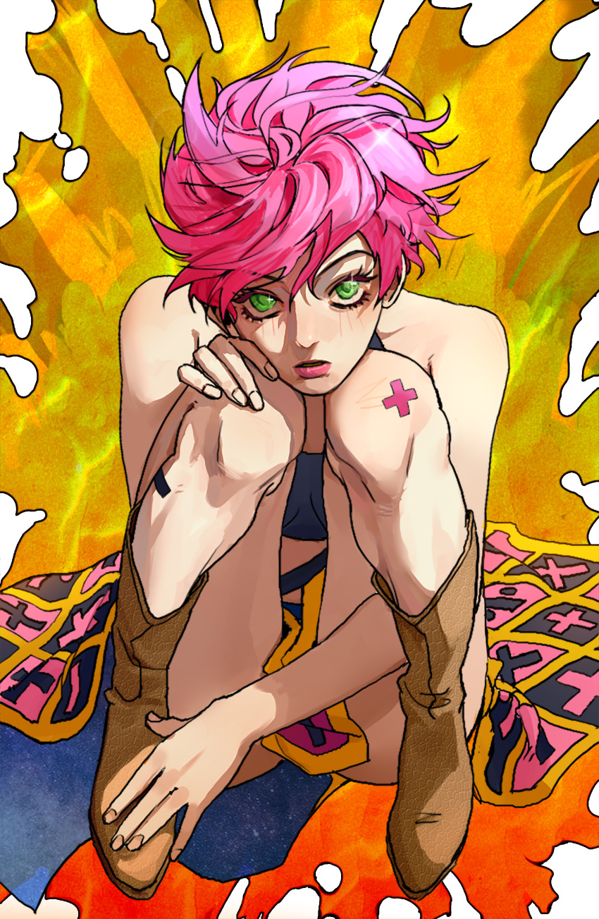 1girl absurdres bare_shoulders boots brown_boots choker commentary green_eyes hand_on_own_knee highres jojo_no_kimyou_na_bouken long_skirt naka10969 parted_lips pink_hair short_hair skirt solo trish_una vento_aureo