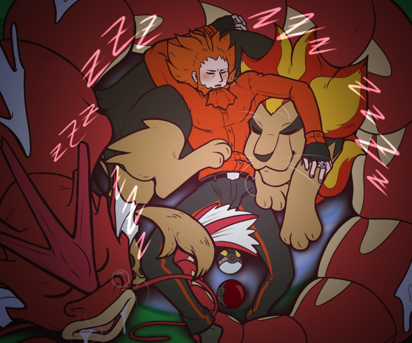 alternate_color gen_1_pokemon gen_6_pokemon gyarados highres lysandre_(pokemon) male_focus nintendo outdoors pokemon pokemon_sleep pokemon_xy pyroar pyroar_(male) shiny_pokemon sleeping suns_(artist)