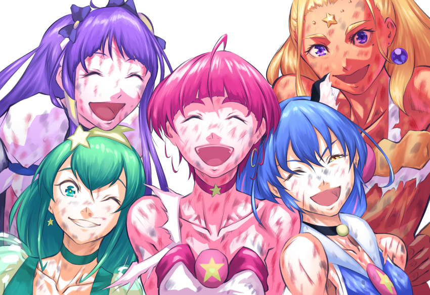 5girls amamiya_elena animal_ears aqua_eyes aqua_hair bare_shoulders blonde_hair blue_hair cat_ears choker closed_eyes cure_cosmo cure_milky cure_selene cure_soleil cure_star damaged dark-skinned_female dark_skin doi_tabasuko dress earrings extra_ears hagoromo_lala hair_ornament hairband highres hoshina_hikaru jewelry kaguya_madoka long_hair looking_at_viewer magical_girl multiple_girls one_eye_closed open_mouth orange_dress pink_hair pointy_ears precure purple_choker purple_dress purple_eyes purple_hair see-through_clothes see-through_sleeves short_hair smile star_(symbol) star_color_pen star_earrings star_hair_ornament star_in_eye star_twinkle_precure symbol_in_eye upper_body very_long_hair yellow_hairband yuni_(precure)