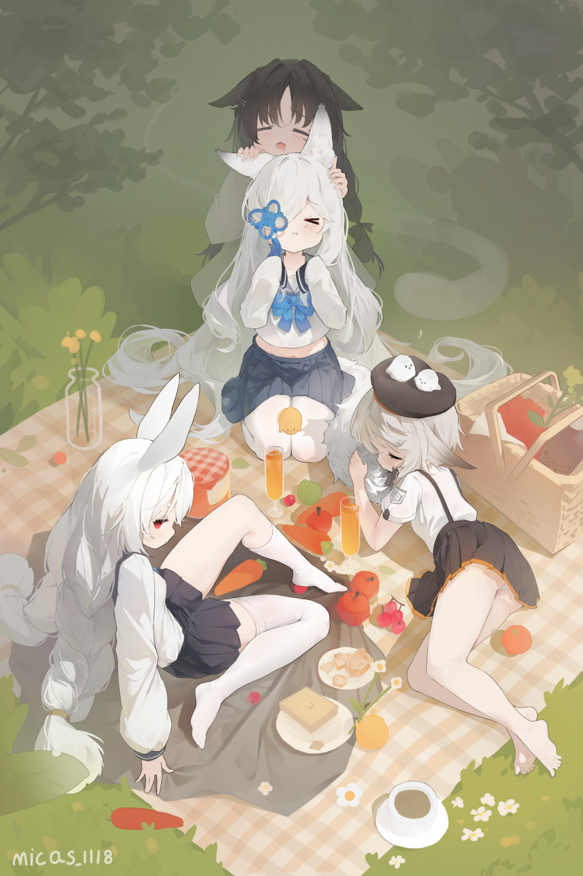 &gt;_&lt; 4girls :t absurdres animal_ears apple arm_support artist_name azur_lane bare_arms bare_legs beret bird black_hair black_skirt blue_ribbon blue_skirt blush carrot chestnut_mouth chinese_commentary closed_eyes closed_mouth commentary_request cup food fox_ears fox_girl fox_tail from_above fruit grass grey_hair hair_over_one_eye hat highres kasumi_(azur_lane) kasumi_1118 kazagumo_(azur_lane) looking_at_viewer manjuu_(azur_lane) midriff multiple_girls navel neck_ribbon official_alternate_costume ooshio_(azur_lane) open_mouth outdoors panties panty_peek pantyhose picnic picnic_basket picnic_blanket plate pleated_skirt pout rabbit_ears rabbit_girl red_eyes ribbon sailor_collar sandwich school_uniform seiza serafuku shirayuki_(azur_lane) shirt short_sleeves signature sitting skirt sleeping sleeves_past_fingers sleeves_past_wrists smile stomach suspender_skirt suspenders tail tea teacup thighhighs tit_(bird) underwear very_long_sleeves white_hair white_panties white_pantyhose white_shirt white_thighhighs