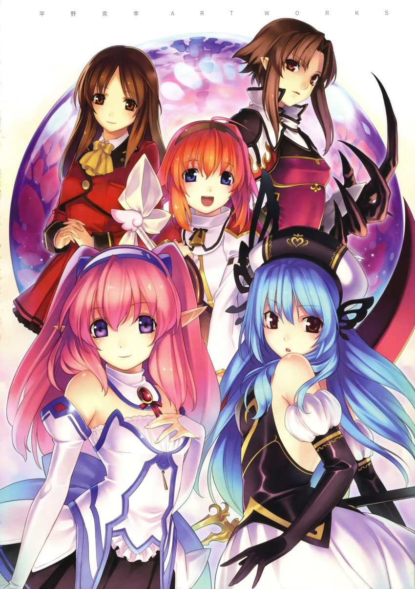 5girls absurdres agarest_senki_(series) agarest_senki_2 blue_eyes blue_hair brown_eyes brown_hair character_request detached_sleeves dress espgarude espgarude_(spectral_force) fiona_(agarest_senki) gloves hairband hat highres hirano_katsuyuki hiro_(spectral_force) long_hair meu meu_(spectral_souls) multiple_girls official_art orange_hair pink_hair pointy_ears purple_eyes short_hair smile spectral_(series) spectral_force spectral_force_genesis spectral_souls