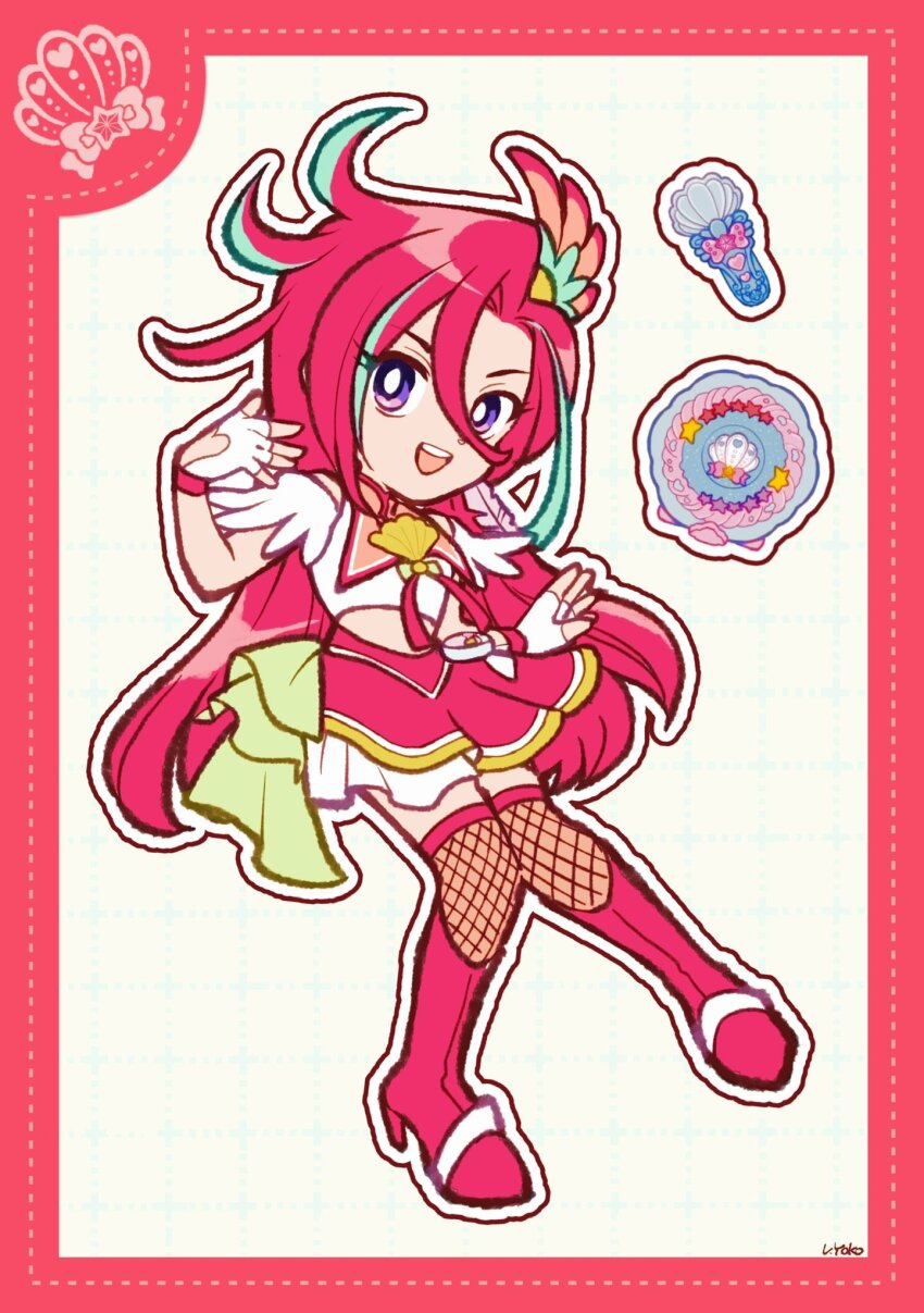 1girl aqua_hair asymmetrical_bangs boots border brown_thighhighs compact_(cosmetics) cosmetics crop_top cure_flamingo deformed dotted_line eyelashes feather_hair_ornament feathers fingerless_gloves fishnet_thighhighs fishnets frilled_skirt frills full_body gloves grey_background grid_background hair_between_eyes hair_ornament happy high-waist_skirt high_heel_boots high_heels highres knee_boots long_hair long_hair_between_eyes looking_at_viewer magical_girl microphone midriff miniskirt multicolored_hair open_mouth outline pleated_skirt precure purple_eyes red_boots red_border red_hair red_skirt shell shell_brooch shirt signature skirt smile solo streaked_hair takizawa_asuka teeth thighhighs tropical-rouge!_precure two-tone_hair upper_teeth_only uwded_207 very_long_hair white_gloves white_outline white_shirt