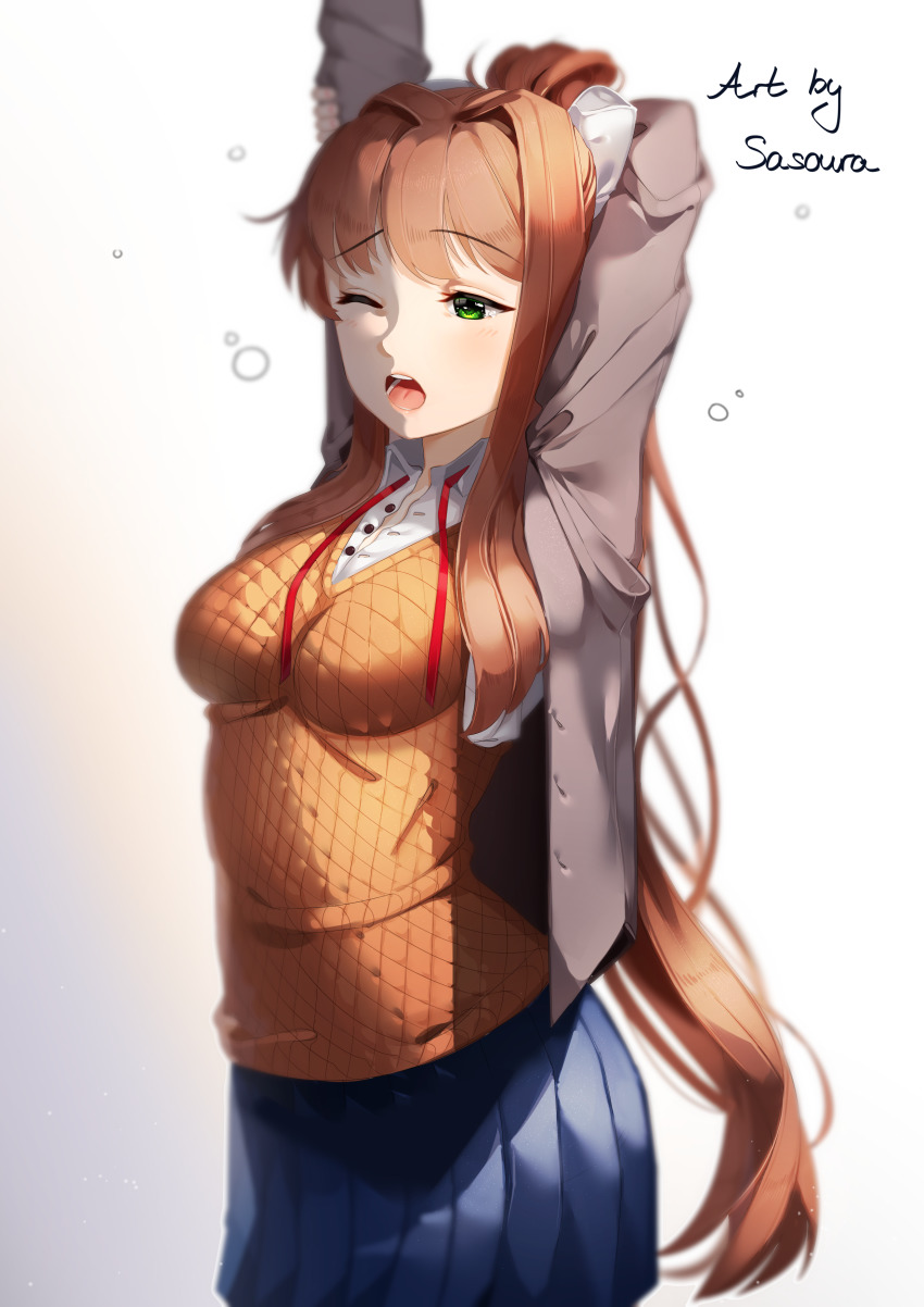1girl ;o absurdres arched_back arm_behind_head arms_up artist_name backlighting blue_skirt breasts brown_hair commentary doki_doki_literature_club english_commentary female_focus gradient_background green_eyes grey_jacket hair_ribbon highres jacket long_hair long_sleeves medium_breasts monika_(doki_doki_literature_club) one_eye_closed open_clothes open_jacket open_mouth pleated_skirt ponytail ribbon sasoura school_uniform simple_background skirt sleepy solo stretching tongue very_long_hair white_ribbon yawning