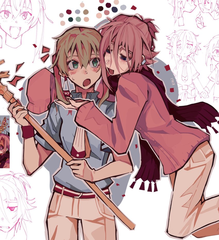 1girl 1other 2boys :d :o anime_screenshot_inset arm_around_shoulder asymmetrical_sleeves black_eyes blue_shirt blush cardigan chibi chibi_inset color_guide cosplay cowboy_shot crona_(soul_eater) crossdressing earrings floating hair_between_eyes highres holding holding_another&#039;s_hair holding_staff jewelry jibaku_shounen_hanako-kun kaligraphy maka_albarn minamoto_kou minamoto_kou_(cosplay) mitsuba_sousuke mitsuba_sousuke_(cosplay) multiple_boys open_mouth other_focus other_with_female pants pink_cardigan pink_hair purple_scarf scarf shirt short_twintails single_earring single_sleeve_past_fingers sketch_background small_sweatdrop smile soul_eater staff twintails uneven_sleeves white_pants wristband