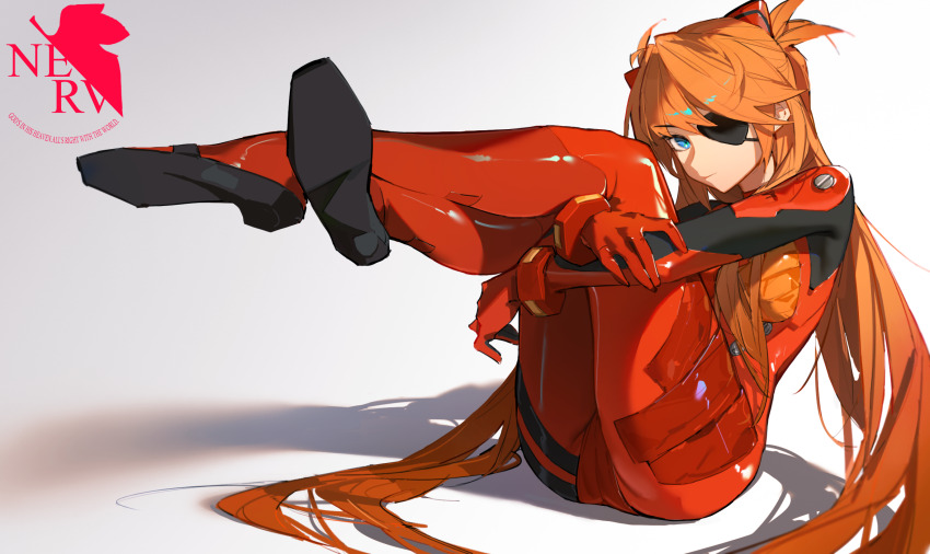 1girl ass blue_eyes bodysuit breasts evangelion:_3.0_you_can_(not)_redo glaw highres long_hair mecha_pilot_suit neon_genesis_evangelion one_eye_covered orange_hair plugsuit_(evangelion) rebuild_of_evangelion skin_tight small_breasts souryuu_asuka_langley thighs very_long_hair