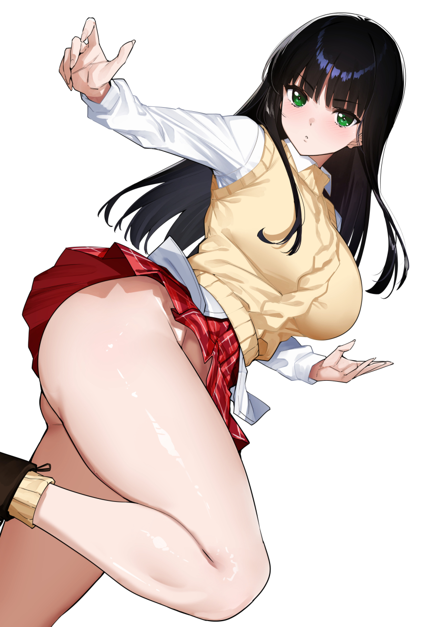 1girl ass black_hair blush bottomless clothes_lift commentary_request gad_guard green_eyes hand_up highres hime_cut long_sleeves looking_at_viewer miniskirt no_panties plaid_clothes plaid_skirt red_skirt shinozuka_arashi shirt simple_background skirt skirt_lift solo straight_hair sweater_vest thick_thighs thighs tomohiro_kai white_background white_shirt yellow_sweater_vest