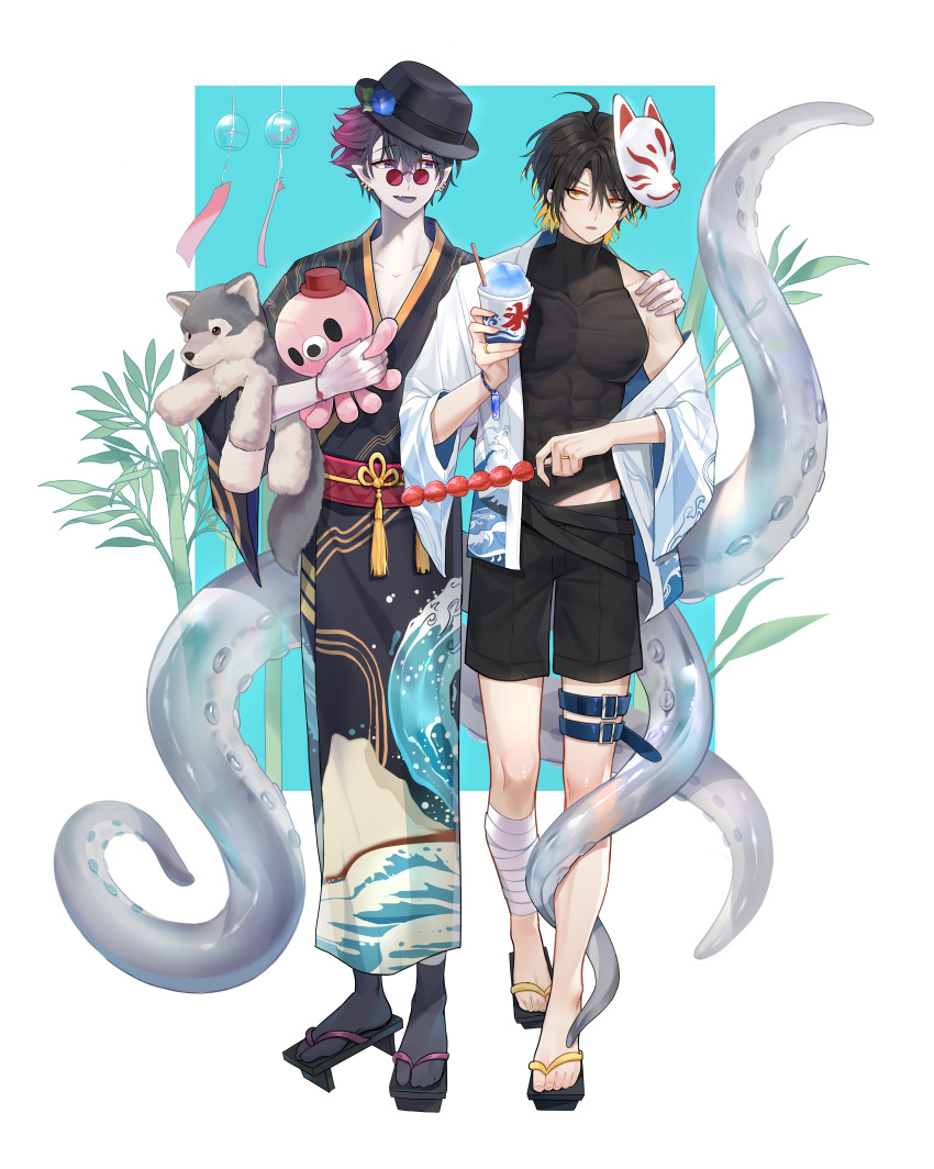 2boys abs absurdres ahoge alchemy_stars bamboo bandaged_leg bandages black_headwear black_legwear black_shirt black_shorts blonde_hair blue_eyes blue_hair bracelet collarbone colored_tips commentary dodan fang flower food fox_mask full_body geta glasses hand_on_another&#039;s_shoulder hat hat_flower highres huge_filesize hydrad_(alchemy_stars) jacket japanese_clothes jewelry kimono kleken_(alchemy_stars) blue_background male_focus mask mask_on_head multicolored_hair multiple_boys multiple_rings obi off_shoulder pectorals pince-nez red-tinted_eyewear red_hair ring sash shaved_ice shirt short_hair shorts simple_background skewer skin_fang sleeveless sleeveless_shirt socks stuffed_animal stuffed_octopus stuffed_toy stuffed_wolf sunglasses tentacles thigh_strap tinted_eyewear turtleneck two-tone_background walking white_background white_jacket wind_chime yellow_eyes yukata